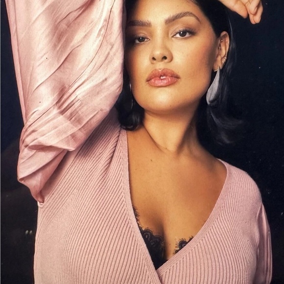 Anthropologie Womens Twofer Faux Wrap Sweater Size Small MauvePuff Sleeve Ribbed - Picture 2 of 12